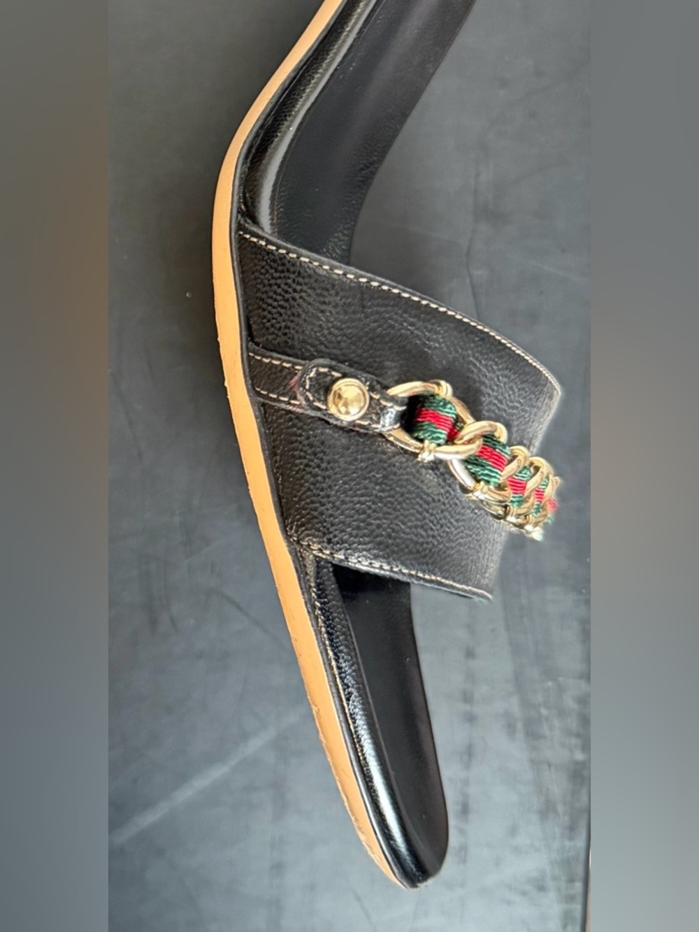 Gucci Black Leather Kitten Heel Sandals with Gold Chain Green and Red Webbing - Picture 11 of 14